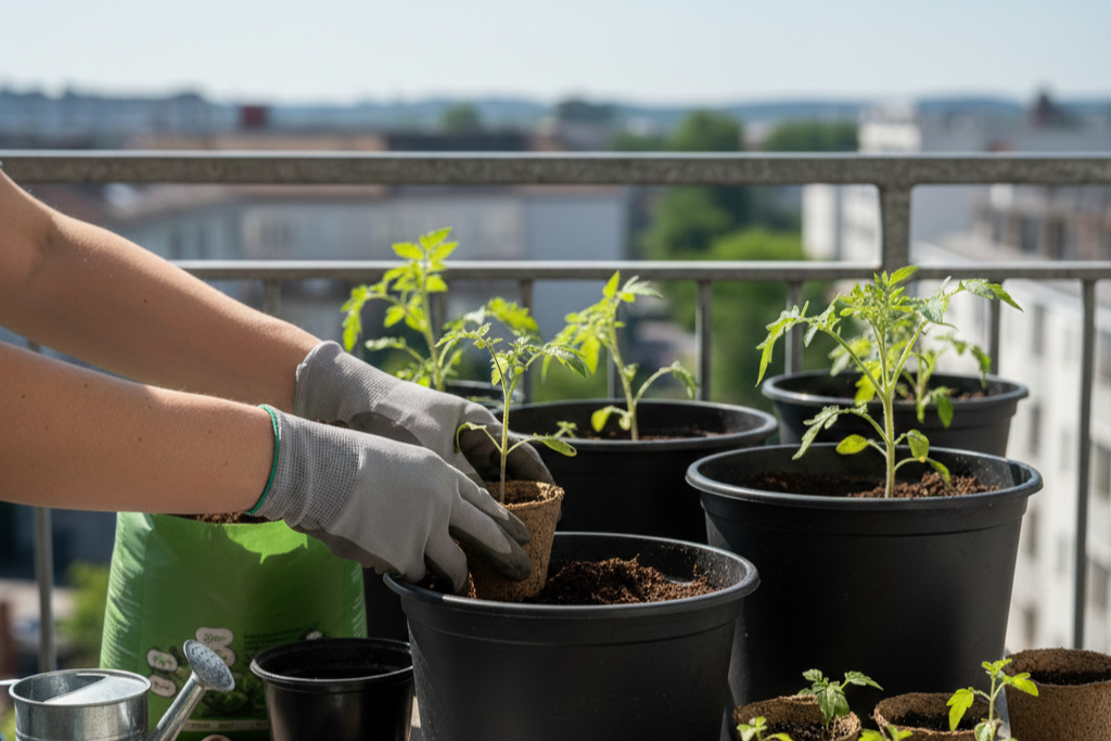 Hände topfen Pflanzen ein auf Balkon.
